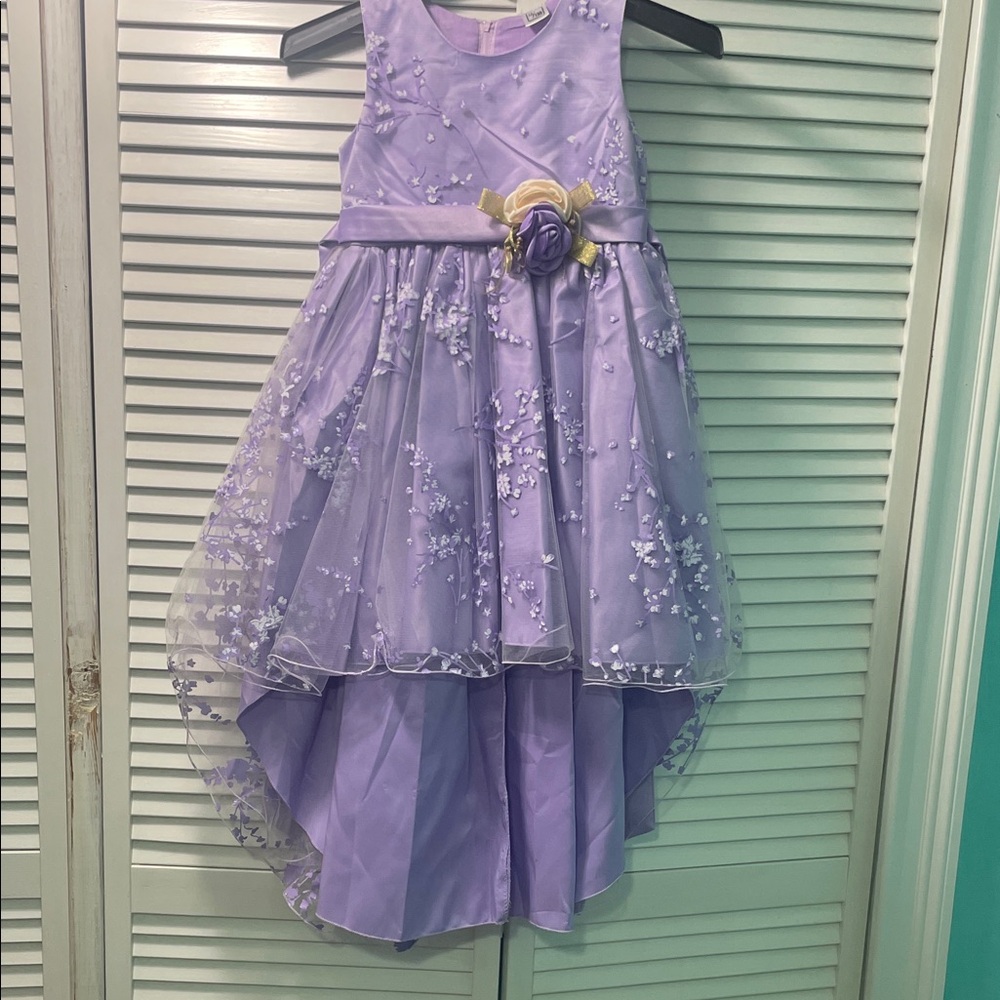 Lilac Floral Tulle High-Low Party Dress for Girls